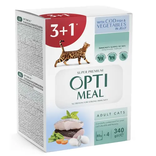 Optimeal 3+1 Adult ВОЛОГИЙ КОРМ Супер-преміум коти (з тріскою та овочами) 340 г