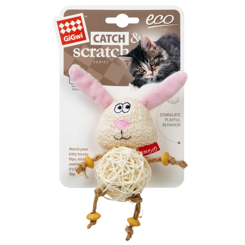 GiGwi Catch&scratch Зайчик з плетеним м'ячиком та дзвіночком іграшка для котів 10 см (4823089352954) 