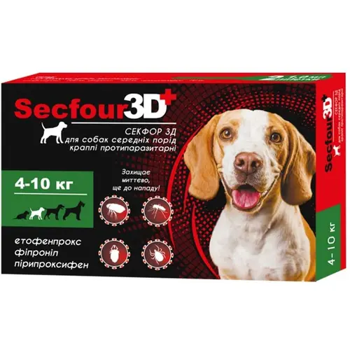 Secfour 3D краплі для собак 1 мл/1 піпетка - від бліх і кліщів, 4-10 кг (4820150207489)