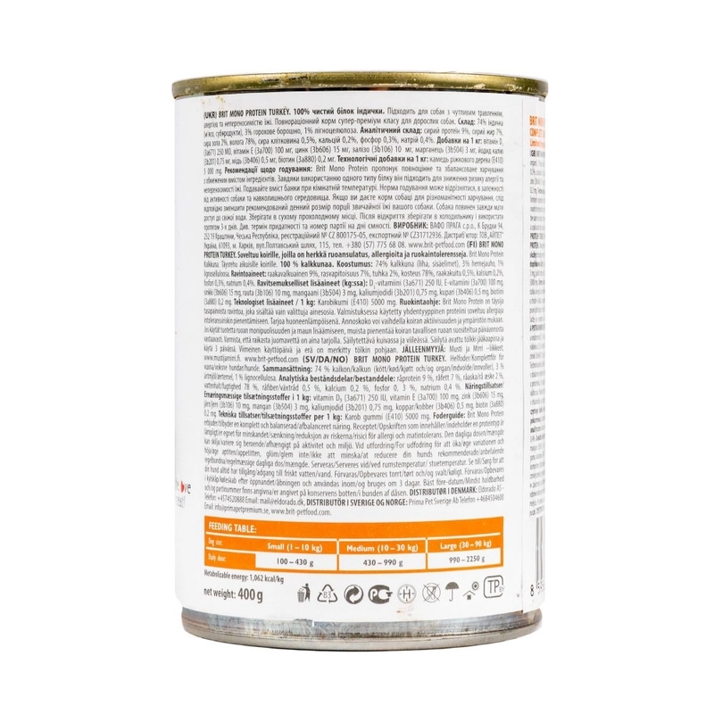 Brit Care MONOPROTEIN Turkey ADULT ВОЛОГИЙ КОРМ Супер-преміум собаки (з індичкою) 400 г  - фото 3