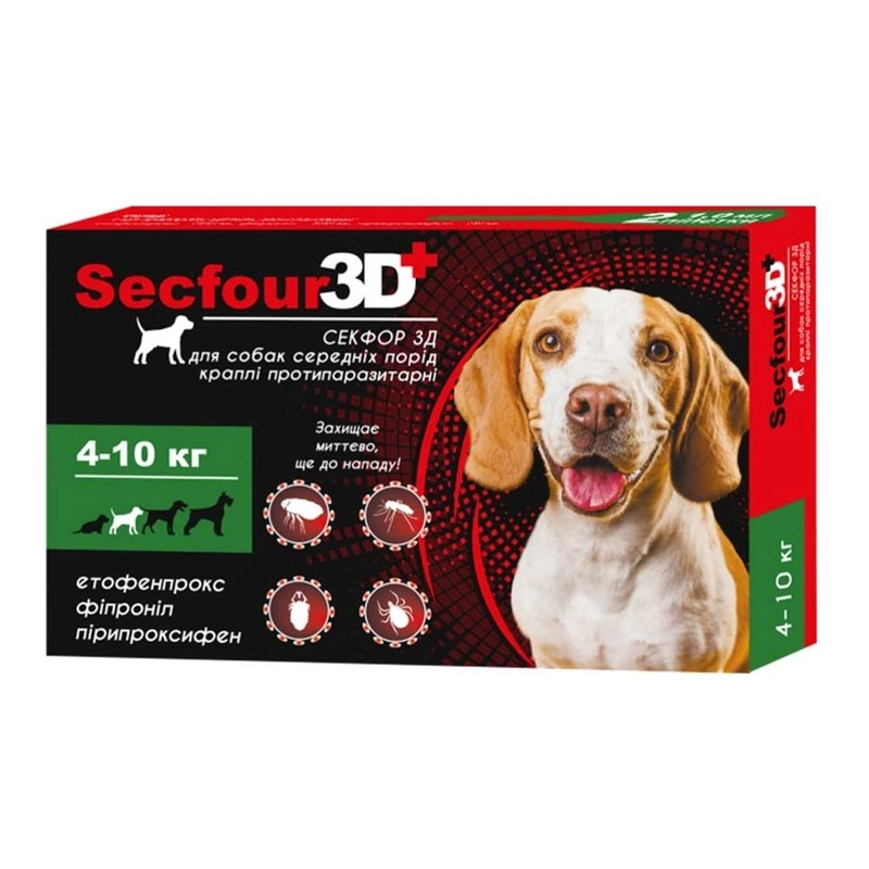 Secfour 3D краплі для собак 1 мл/1 піпетка - від бліх і кліщів, 4-10 кг (4820150207489) 