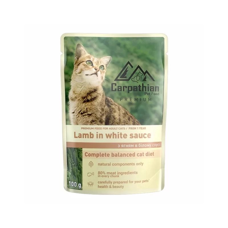 Carpathian Pet Food Lamb in sauce ВОЛОГИЙ КОРМ Premium коти (з ягням в білому соусі) 100г 
