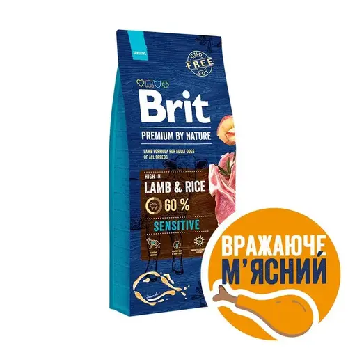 Brit Premium by Nature Sensitive Lamb & Rice сухий корм для собак з чутливим травленням 15 кг - з ягням (8595602526642)