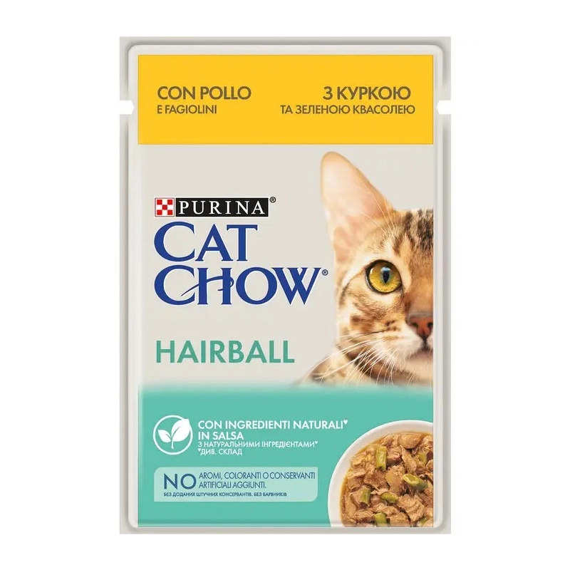 Cat Chow Hairball влажный корм для кошек для выведения шерсти 85 г - с курицей и зеленой фасолью в желе (7613037031393) 
