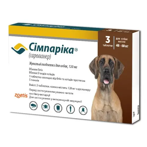 Сімпаріка таблетки для собак 1 таблетка - від бліх та кліщів, 40-60 кг (4670025270076)