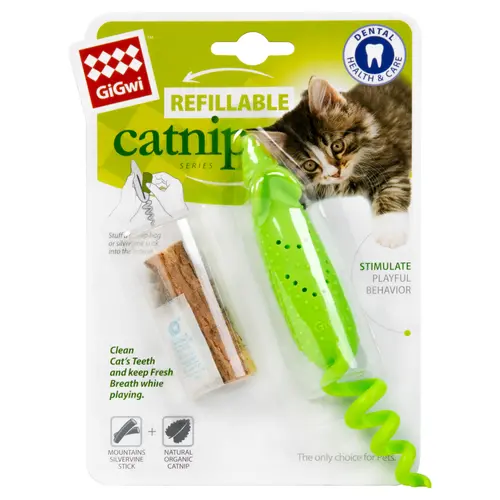 Игрушка для кошек GiGwi Refillable Catnip Мышка с кошачьей мятой резиновая зеленая 16.5 см (4823089353050)