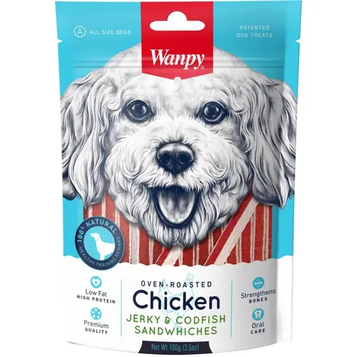 Wanpy CHICKEN JERKY & CODFISH ЛАСОЩІ Premium собаки (сендвіч) 100 г