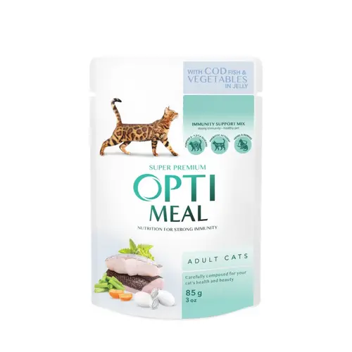Optimeal Adult ВОЛОГИЙ КОРМ Супер-преміум коти (з тріскою та овочами) 85 г