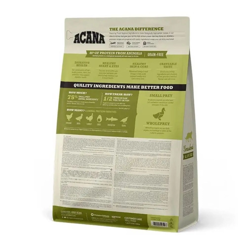 ACANA Grasslands 75% SMALL PREY сухой корм для кошек 1.8 кг - с уткой, индейкой и белой рыбой (064992714710)  - фото 2