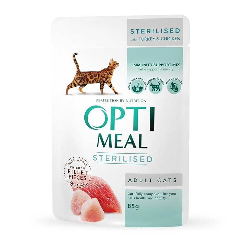 Optimeal Sterilised влажный корм для стерилизованных кошек 85 г - с индейкой и куриным филе в соусе (4820215368988) 