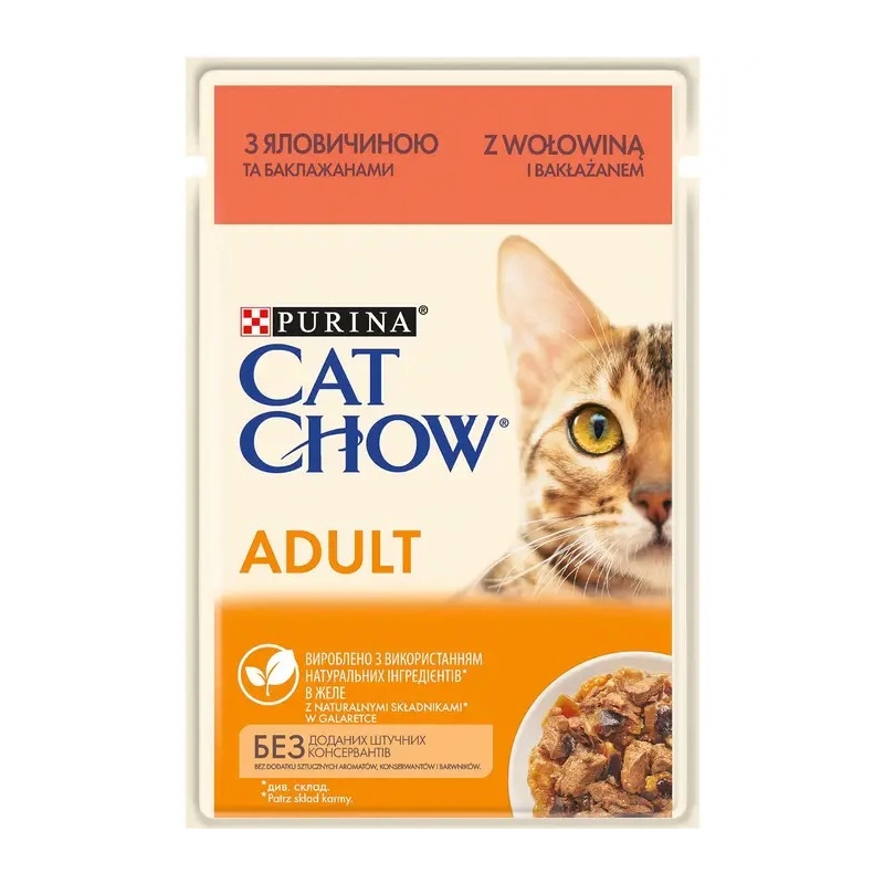 Cat Chow Adult влажный корм для кошек 85 г - с говядиной и баклажанами в желе (7613036595025) 