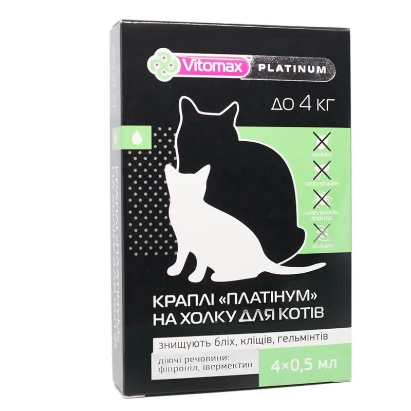 Vitomax Platinum краплі для котів 0.5 мл/1 піпетка - від бліх, кліщів та глистів, до 4 кг (4820150201111) 