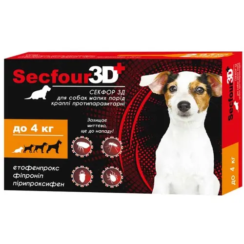 Secfour 3D краплі для собак 0.5 мл/1 піпетка - від бліх і кліщів, до 4 кг (4820150207465)