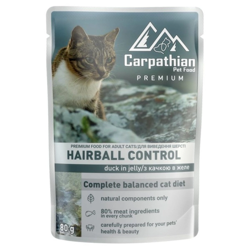 Carpathian Pet Food Hairball Control ВОЛОГИЙ КОРМ Premium коти (виведення шерсті з качкою в желе) 80г 