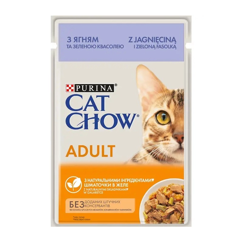 Cat Chow Adult влажный корм для кошек 85 г - с ягненком и зеленой фасолью в желе (8445290476524) 