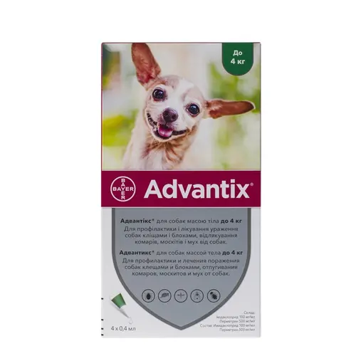 Bayer Advantix краплі для собак 0.4 мл/піпетка - від бліх, кліщів і комарів, до 4 кг (4007221047223)