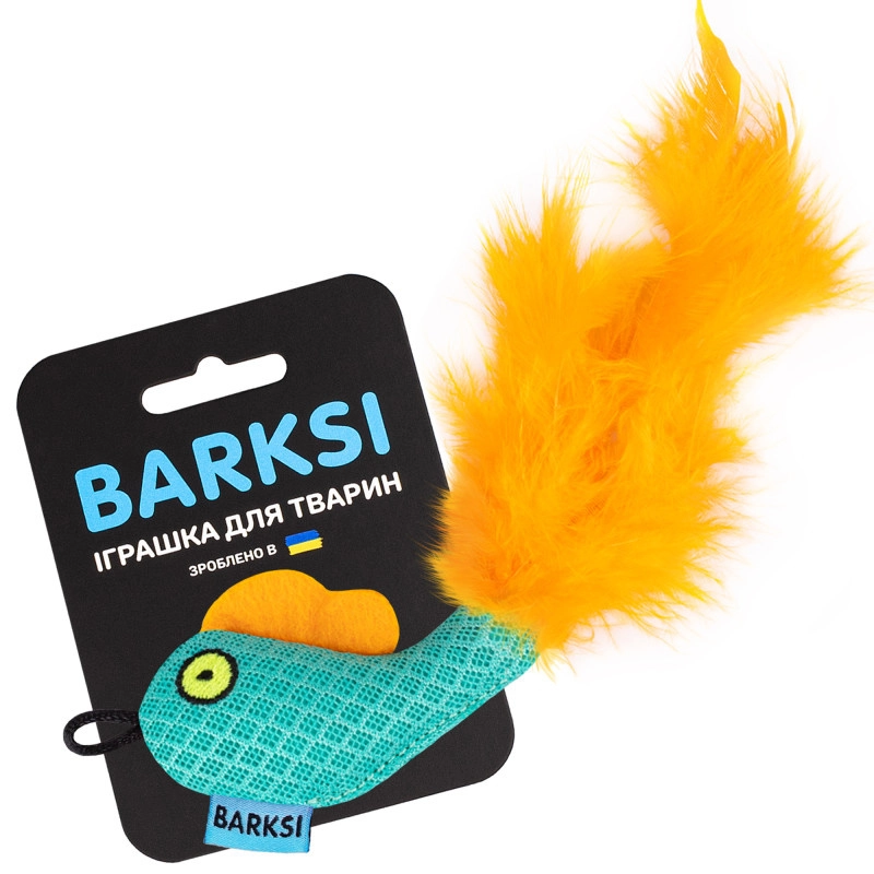 Barksi Рибка іграшка для котів 8х5 см - з дзвіночком та пір'ям, ментолова (2007033059621) 