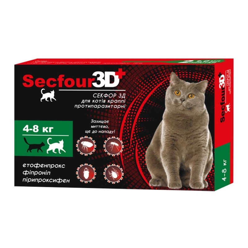 Secfour 3D краплі для котів 1 мл/1 піпетка - від бліх і кліщів, 4-8 кг (4820150207472) 