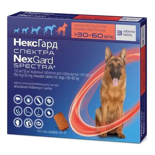 NexGard Spectra XL таблетки для собак 1 таблетка - від бліх, кліщів та глистів, 30-60 кг (3661103048619)