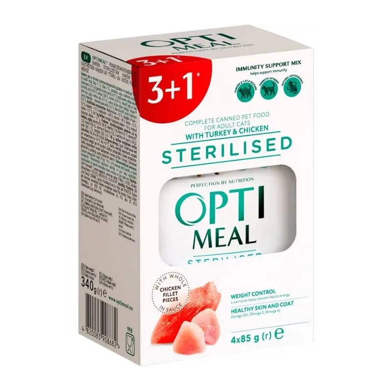 Optimeal 3+1 Sterilised ВОЛОГИЙ КОРМ Супер-преміум коти (з індичкою та куркою) 340 г 