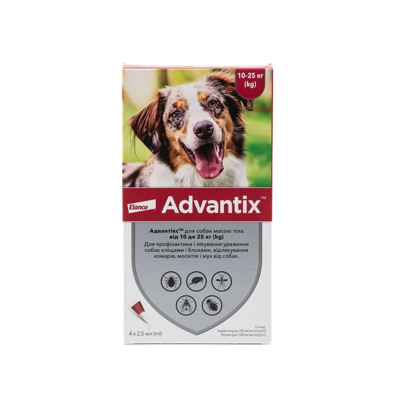 Bayer Advantix краплі для собак 2.5 мл/піпетка - від бліх, кліщів і комарів, 10-25 кг (4007221047247) 