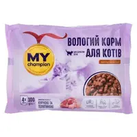Мой Чемпион влажный корм для кошек 100 г - кусочки в соусе с курицей и телятиной (4820224502625) 