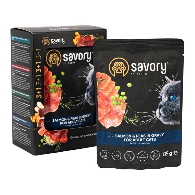 Savory 3+1 For Adult Cats ВОЛОГИЙ КОРМ Холістік коти (з лососем та горохом) 85 г  - фото 2