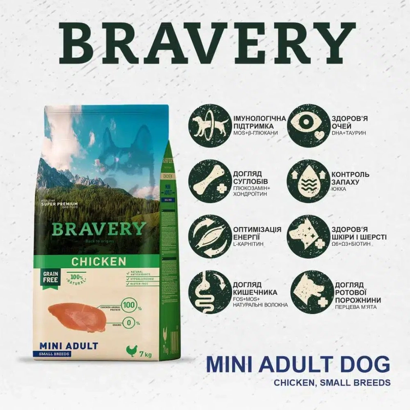 BRAVERY Grayn FREE CHICKEN MINI ADULT Small Breeds СУХИЙ КОРМ Холістік собаки дрібних порід (з куркою) 7 кг  - фото 3