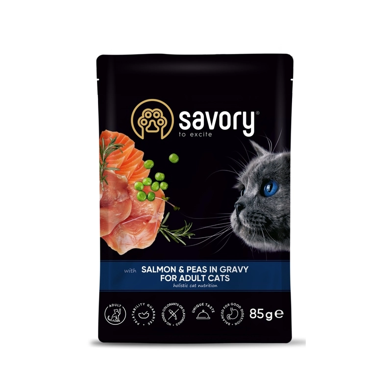 Savory 3+1 For Adult Cats ВОЛОГИЙ КОРМ Холістік коти (з лососем та горохом) 85 г  - фото 4