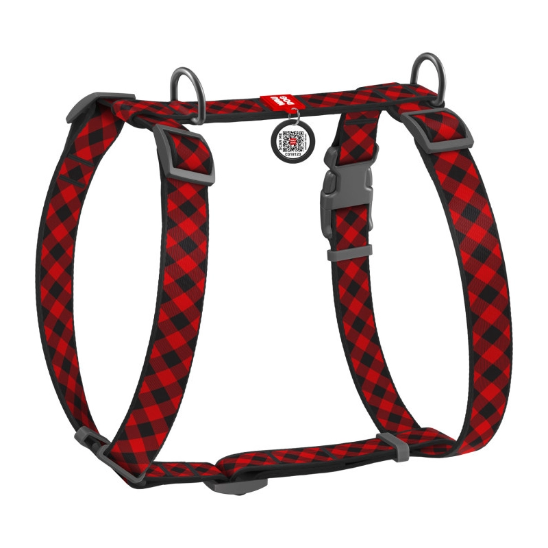 WAUDOG Nylon H-подібна шлея для собак M - з QR-паспортом, з малюнком Шотландка червона, нейлонова (4823089334561) 