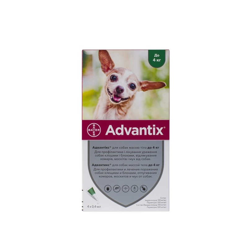 Bayer Advantix краплі для собак 0.4 мл/піпетка - від бліх, кліщів і комарів, до 4 кг (4007221047223) 