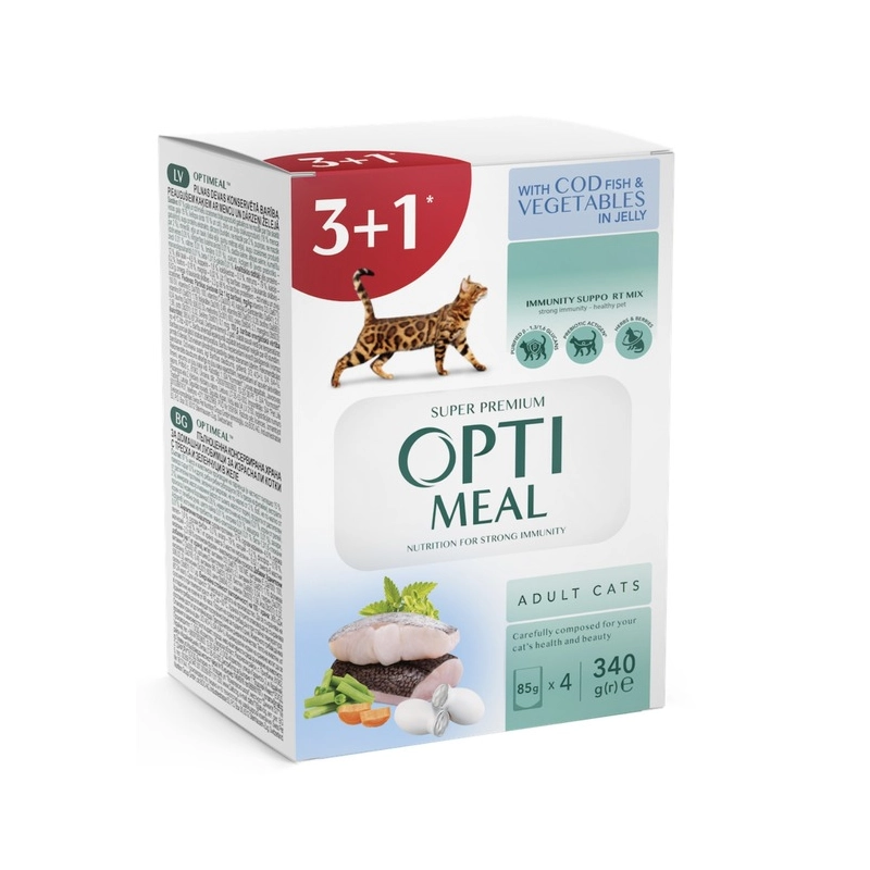 Optimeal 3+1 влажный корм для кошек 340 г - с треской и овощами в желе (4820215364256) 
