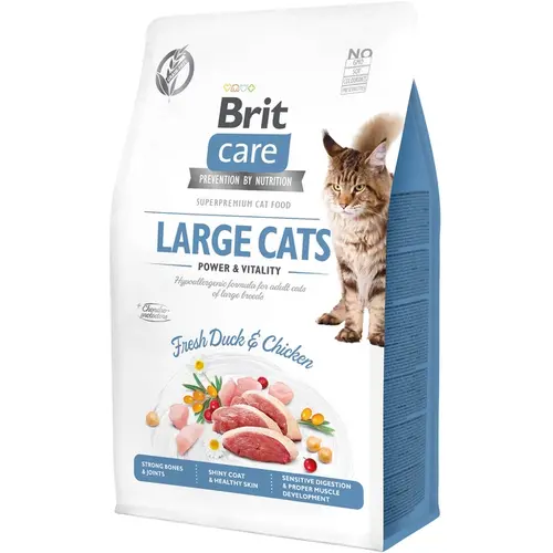 Brit Care GF Large cats Power and Vitality сухий корм для котів великих порід 2 кг - з куркою та качкою (8595602540921)